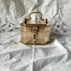 Vintage Solid Brass Trinket Box with Handle Small Storage / Keepsake Organizer